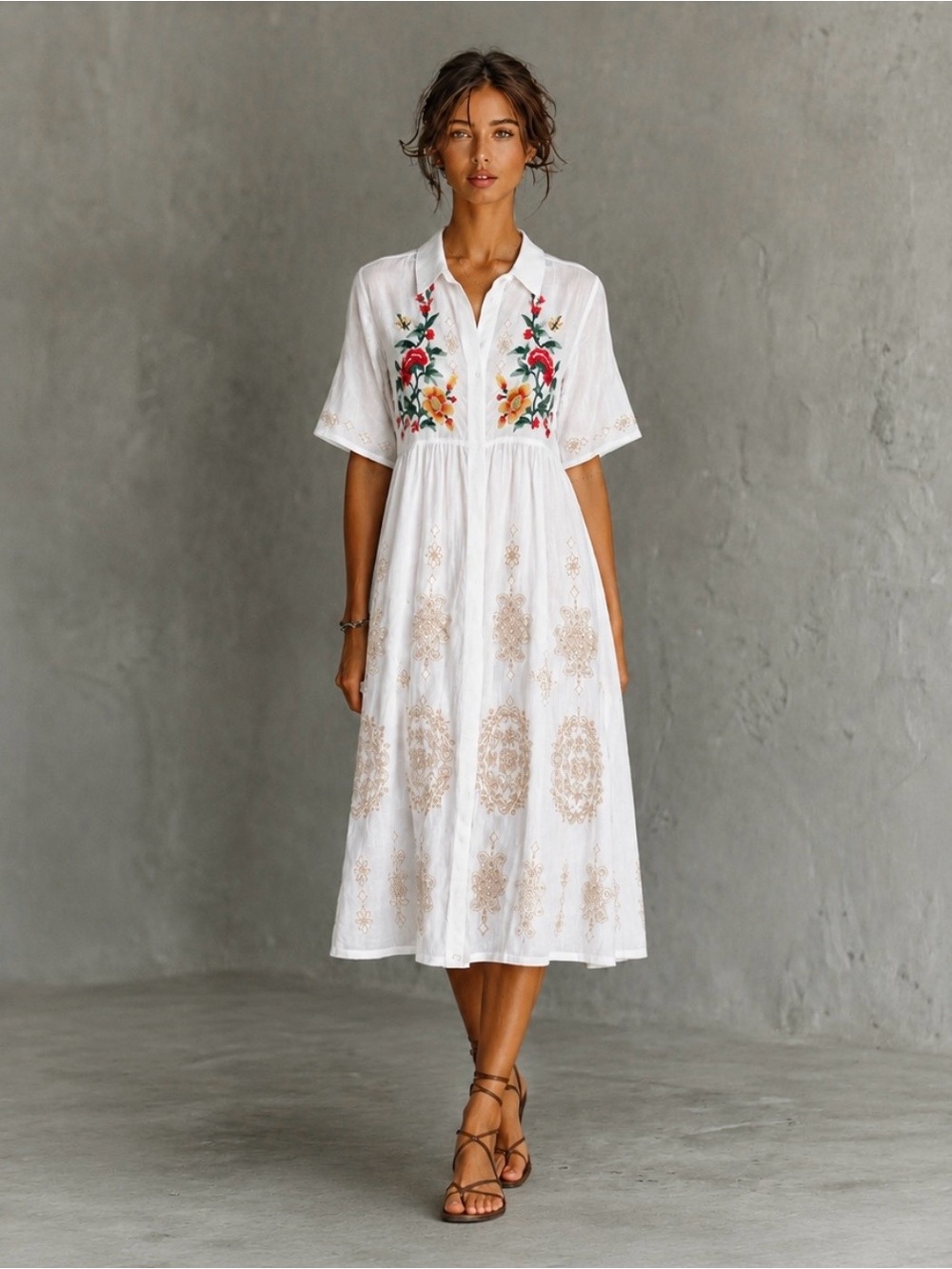 New🌺$298 Johnny Was Sunn Flutter Sleeve Shirt Dress White Embroidered Midi M